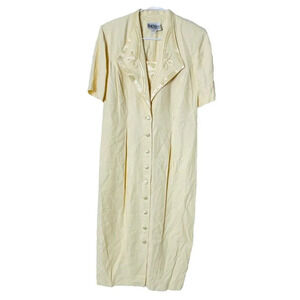 Vtg SL Fashions Midi Dress 16W Butter Yellow Button Up Satin Embroidered Retro